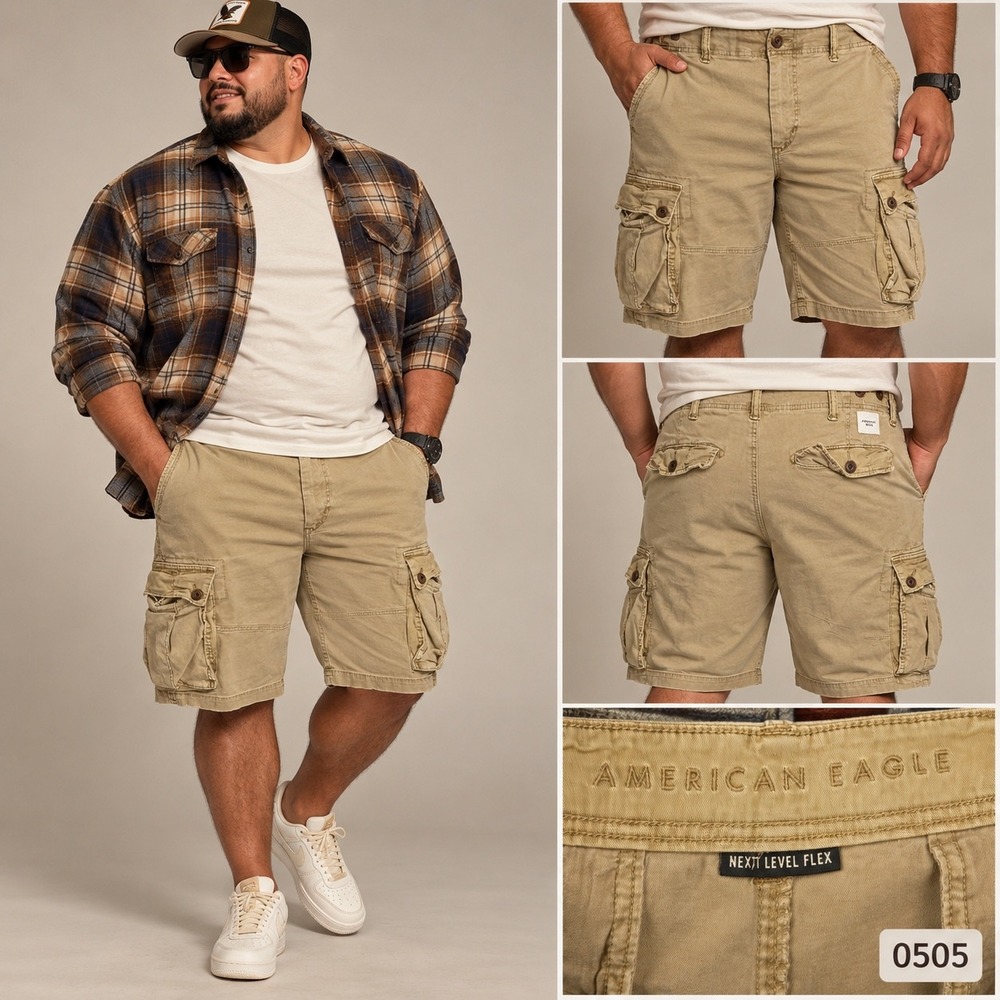 American Eagle Mens Next Level Flex Cargo Shorts Khaki Tan Size 38 0505